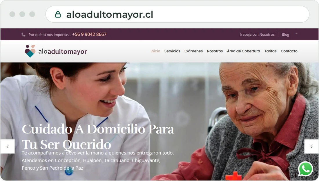 Página de inicio de aloadultomayor.cl, cuidado a domicilio para personas mayores