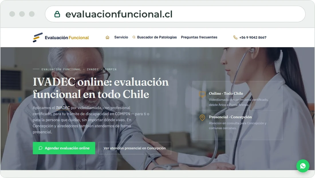 Página de inicio de evaluacionfuncional.cl, IVADEC online en todo Chile